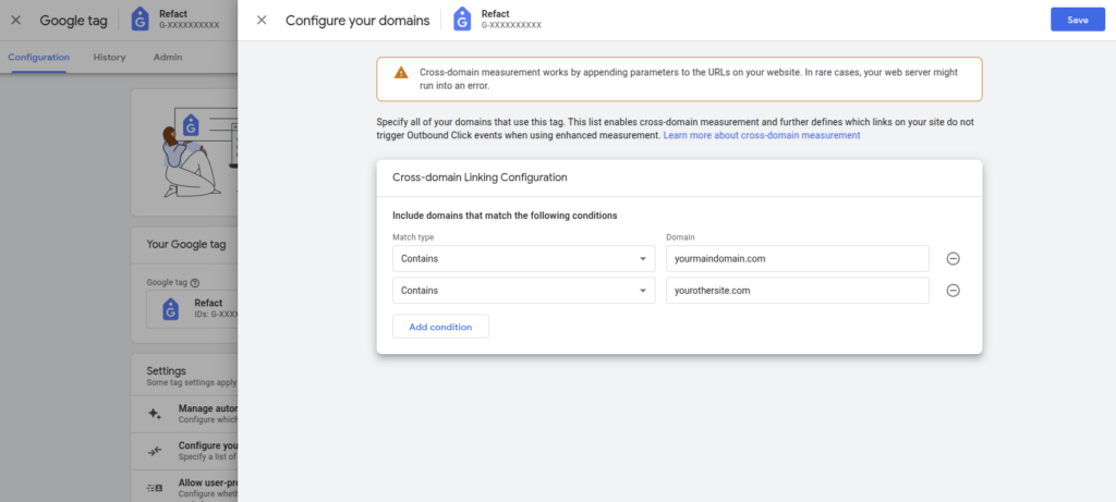 GA4 screen configuring cross-domain linking with two domains.