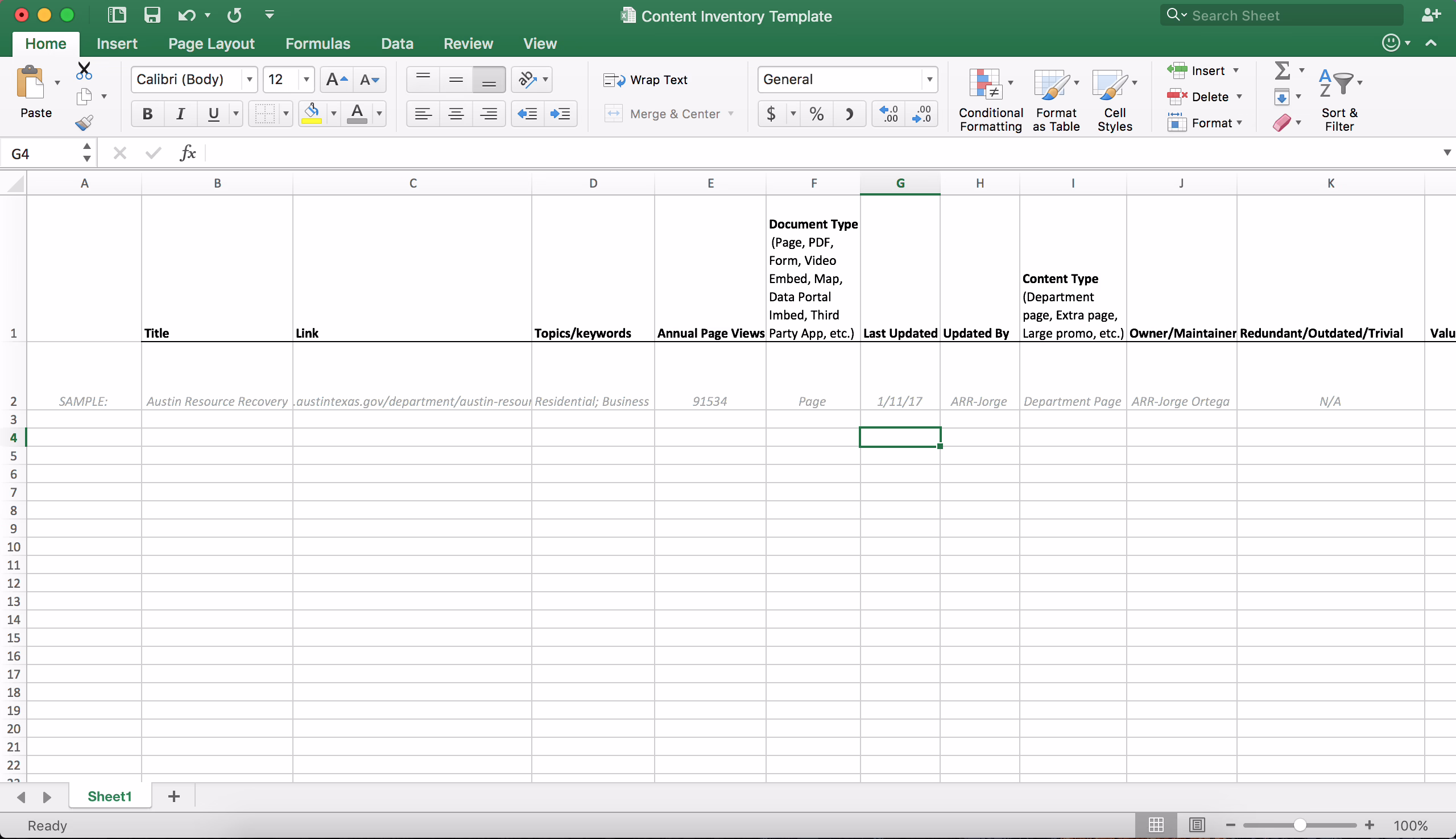 Content inventory spreadsheet used to plan a Joomla to WordPress migration