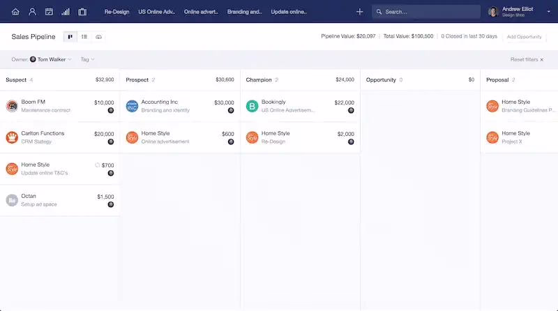 Custom CRM pipeline dashboard interface showing deal stages and metrics