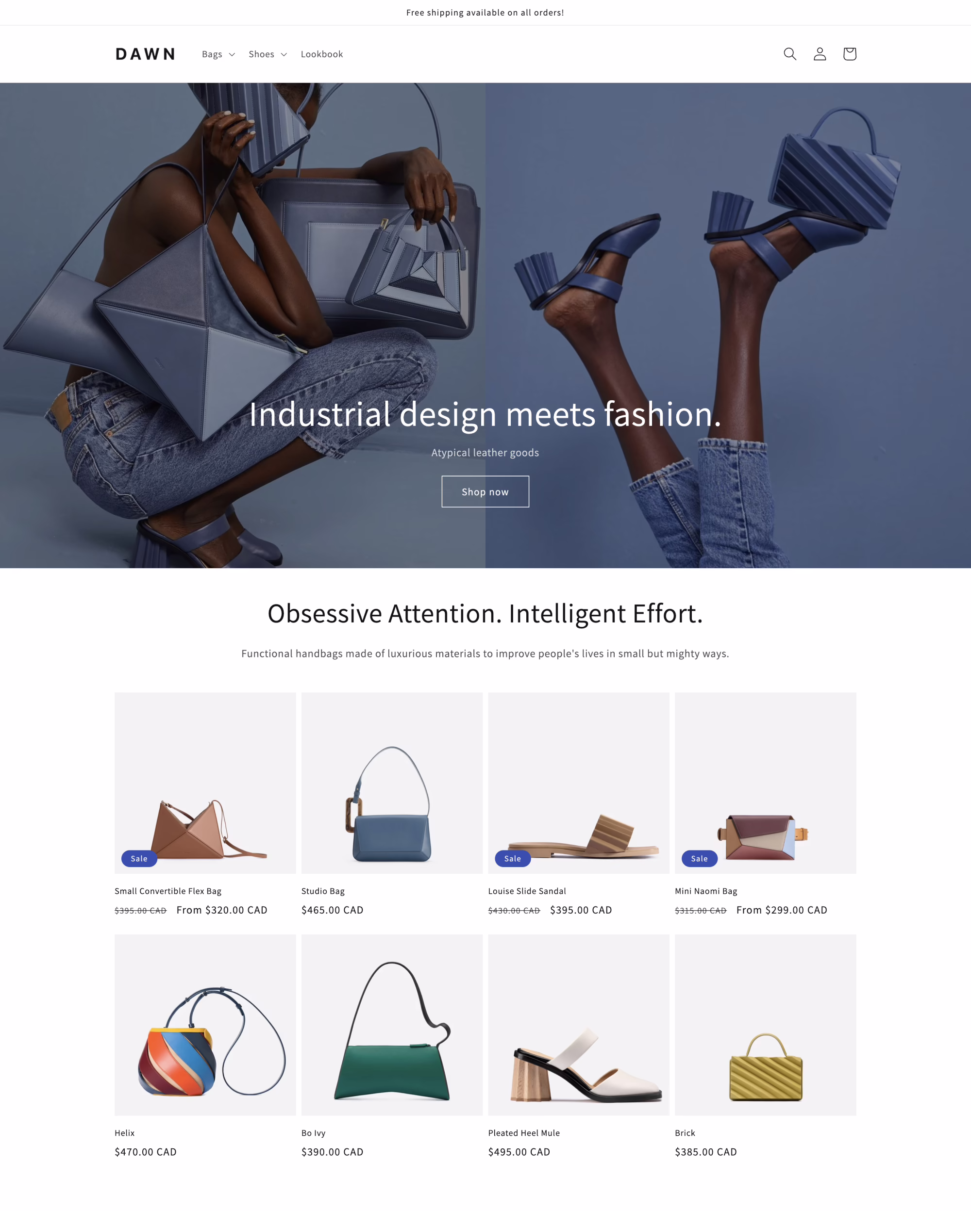 Shopify Dawn theme homepage layout used for a new store setup