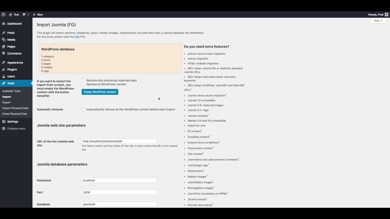 FG Joomla to WordPress plugin admin screen in the WordPress dashboard