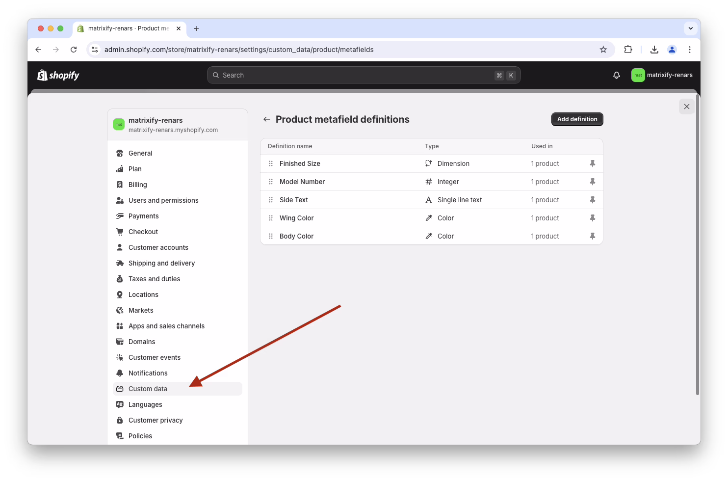 Shopify metafields definitions screen for theme customization