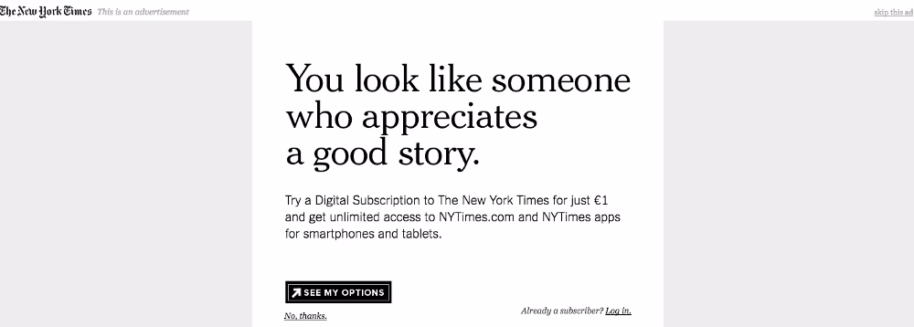 New York Times subscription paywall showing subscriber-first digital transformation example