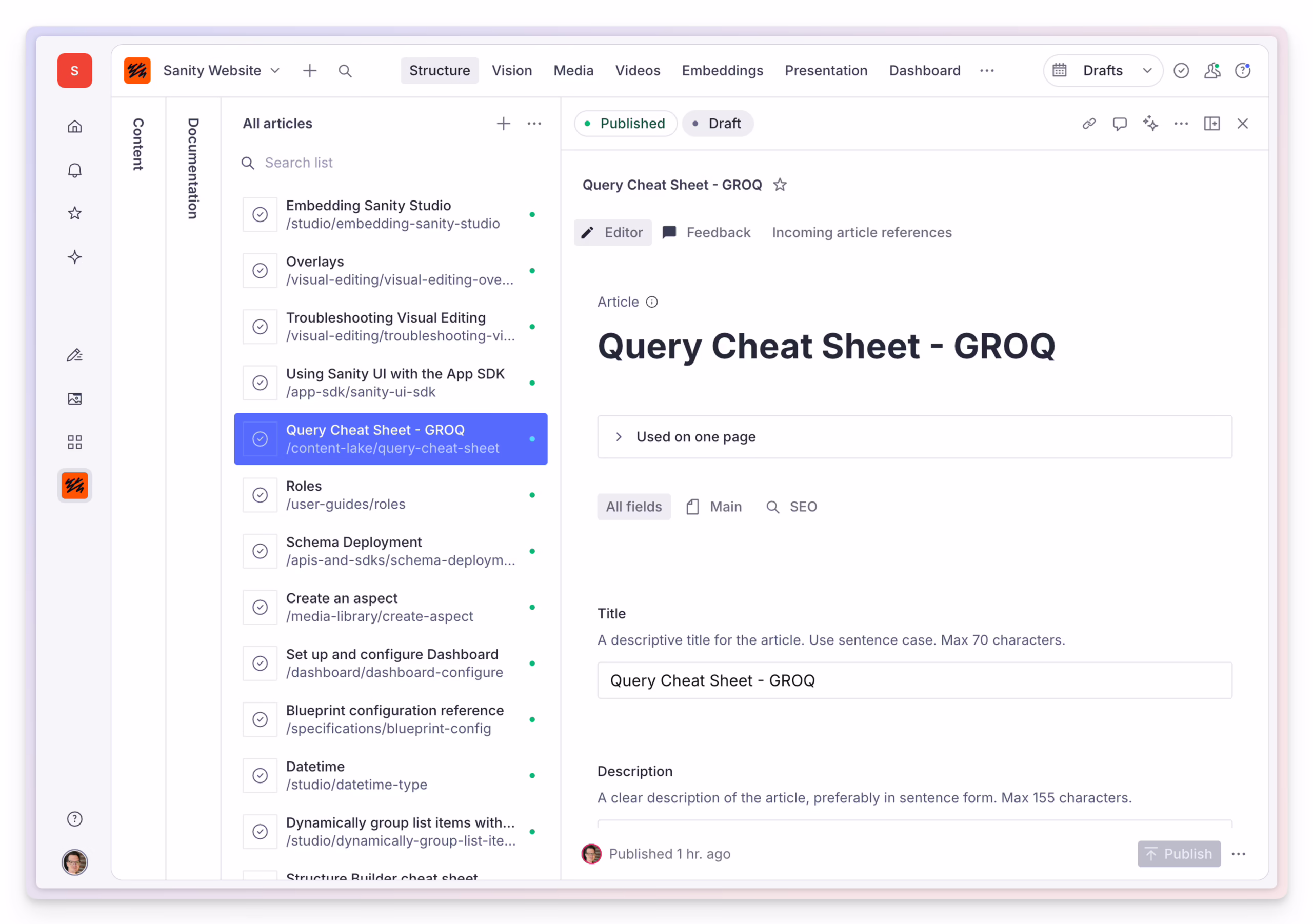 Headless CMS admin interface showing structured content fields for a React frontend