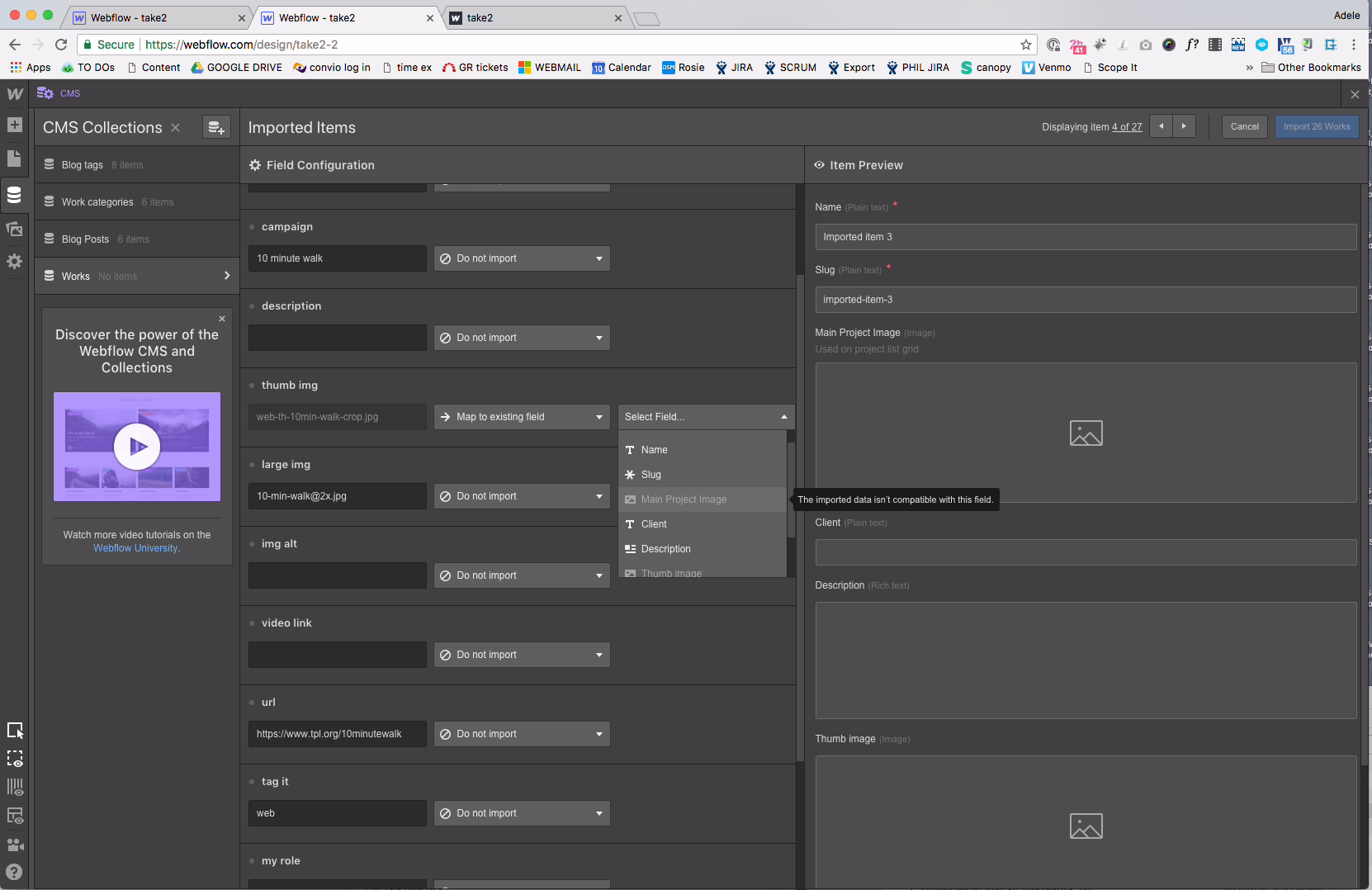 Webflow CMS collections interface showing content items before migration