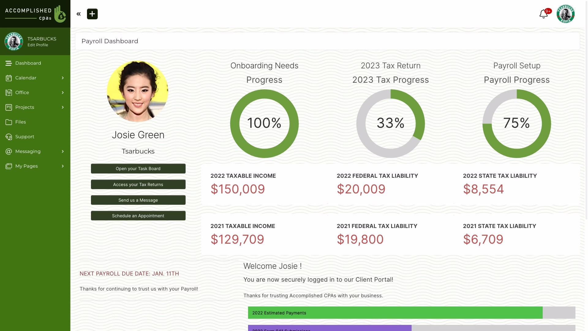 Client portal dashboard screenshot showing files and messages in one workspace