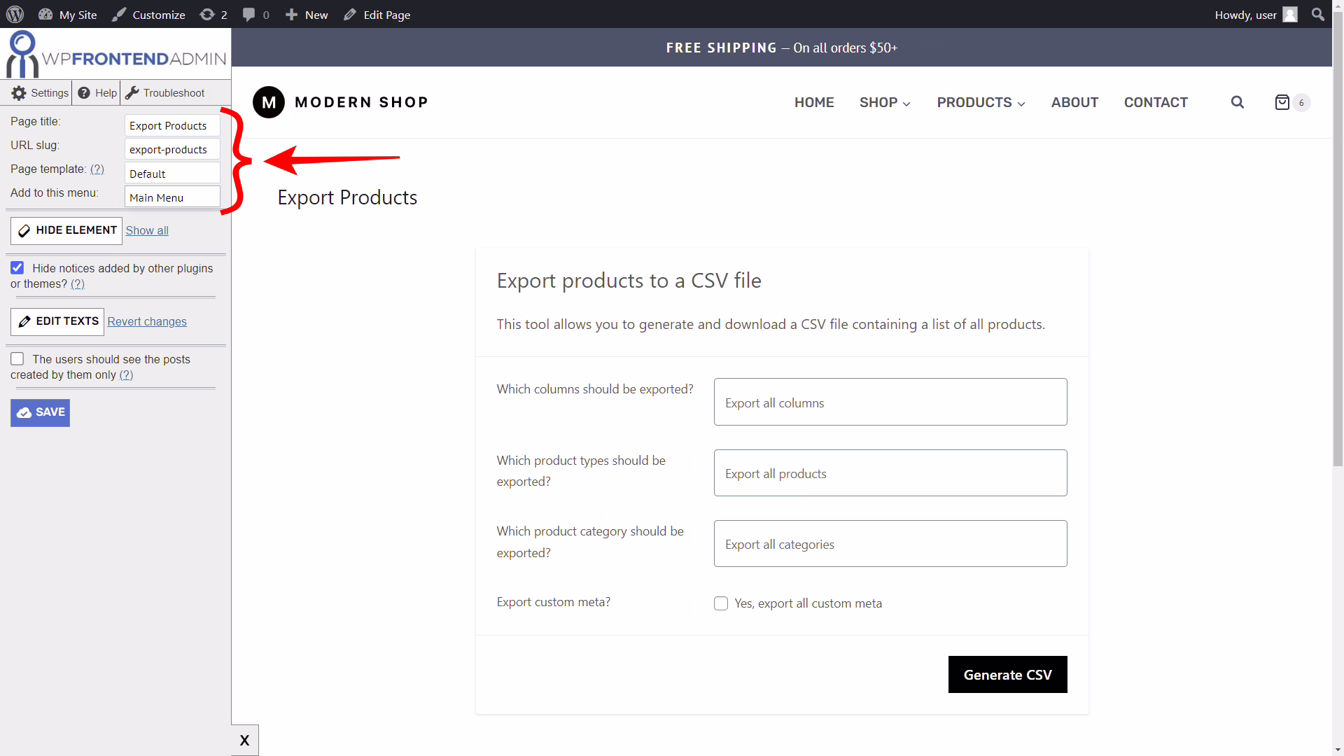 WooCommerce products export screen used during a Shopify migration audit