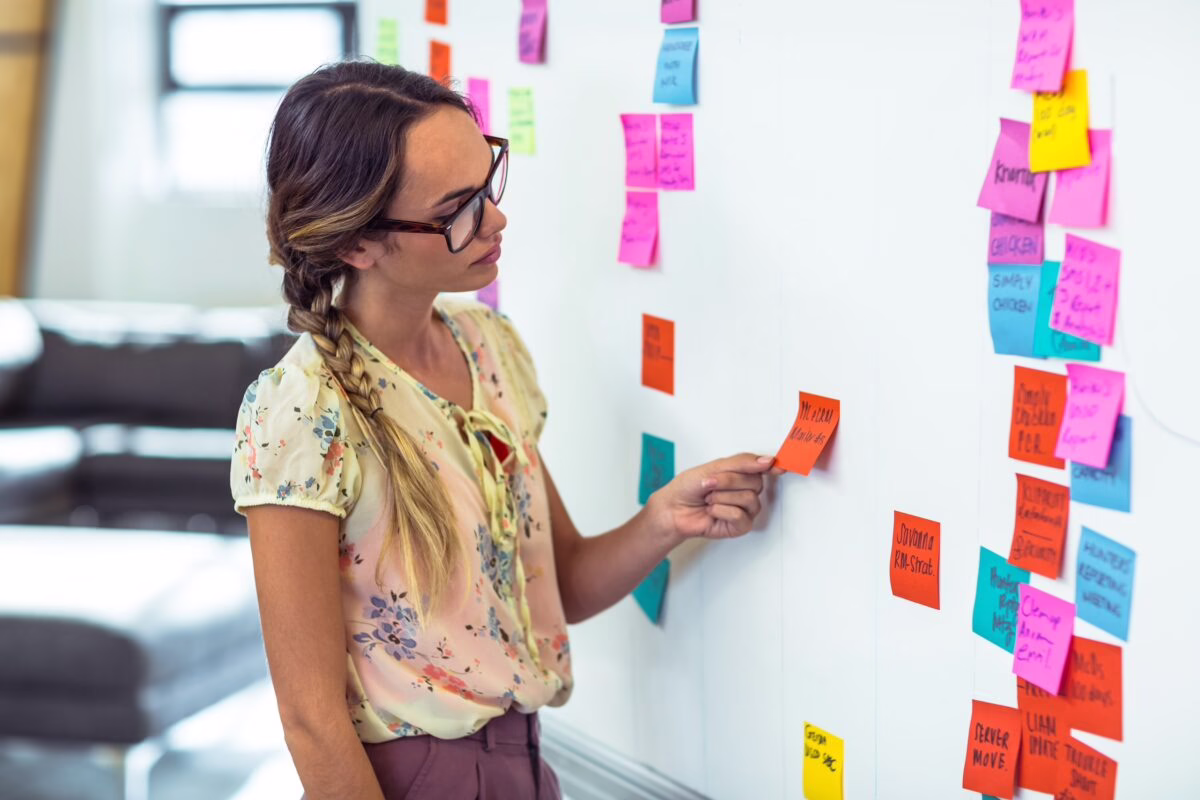 Product discovery workshop with sticky notes on a whiteboard