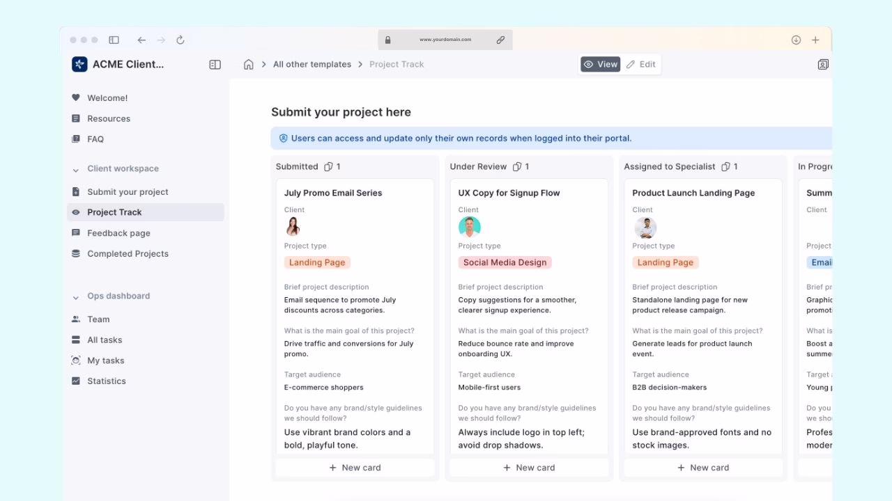 Client onboarding portal dashboard showing task pipeline and document status