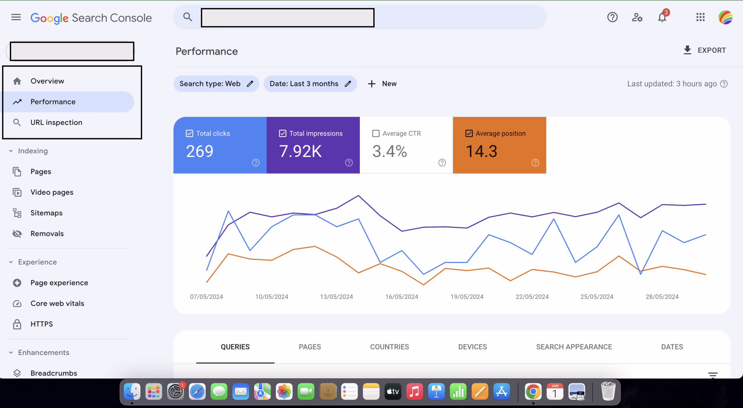 Google Search Console performance dashboard used to baseline a website relaunch