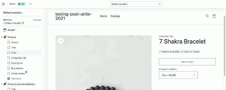 Shopify theme editor showing sections and blocks for OS 2.0 theme development