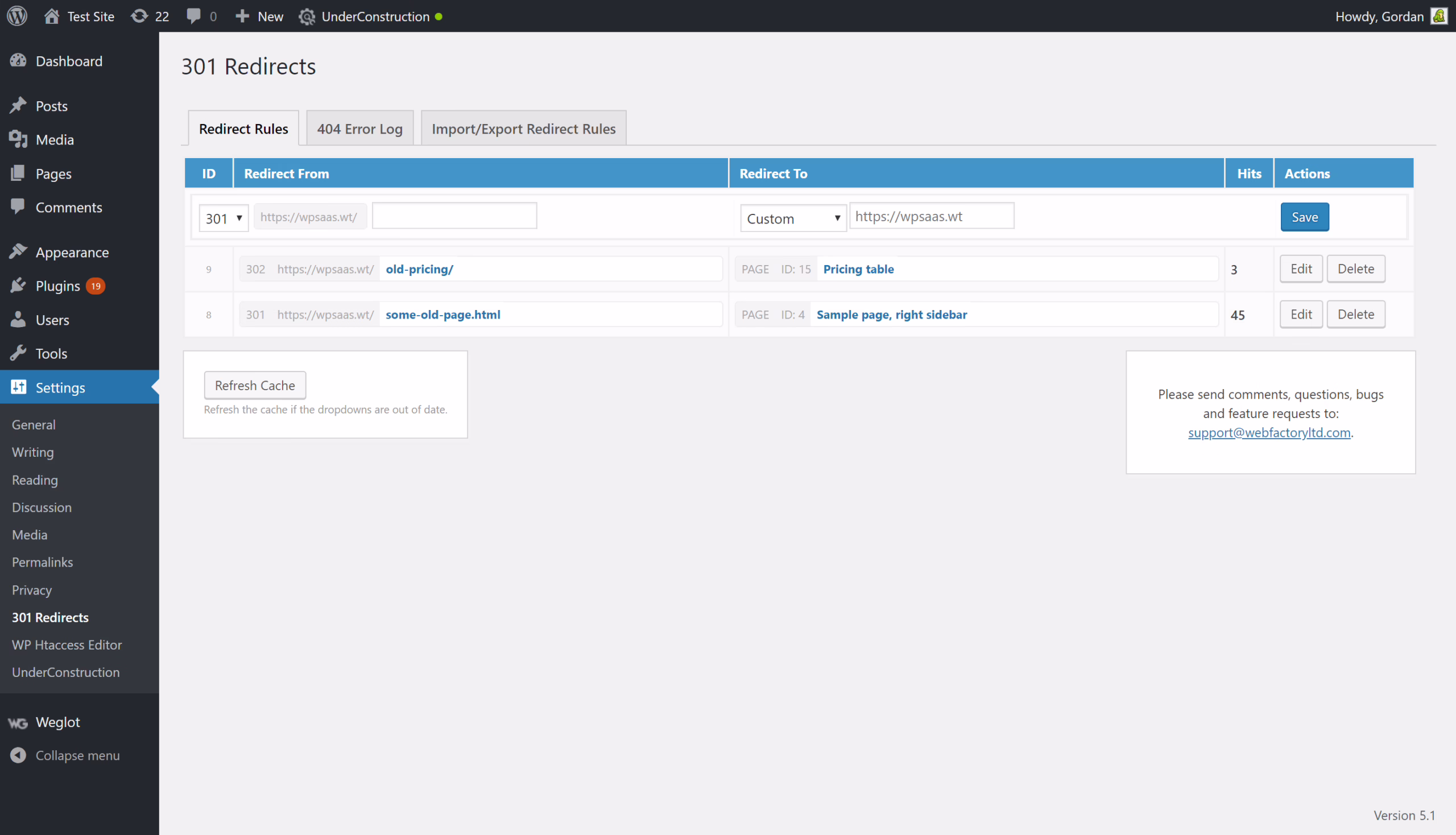 WordPress redirects admin screen used during a Webflow to WordPress migration