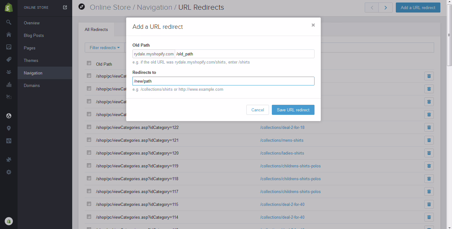 Shopify admin URL redirects screen used in a WooCommerce to Shopify migration