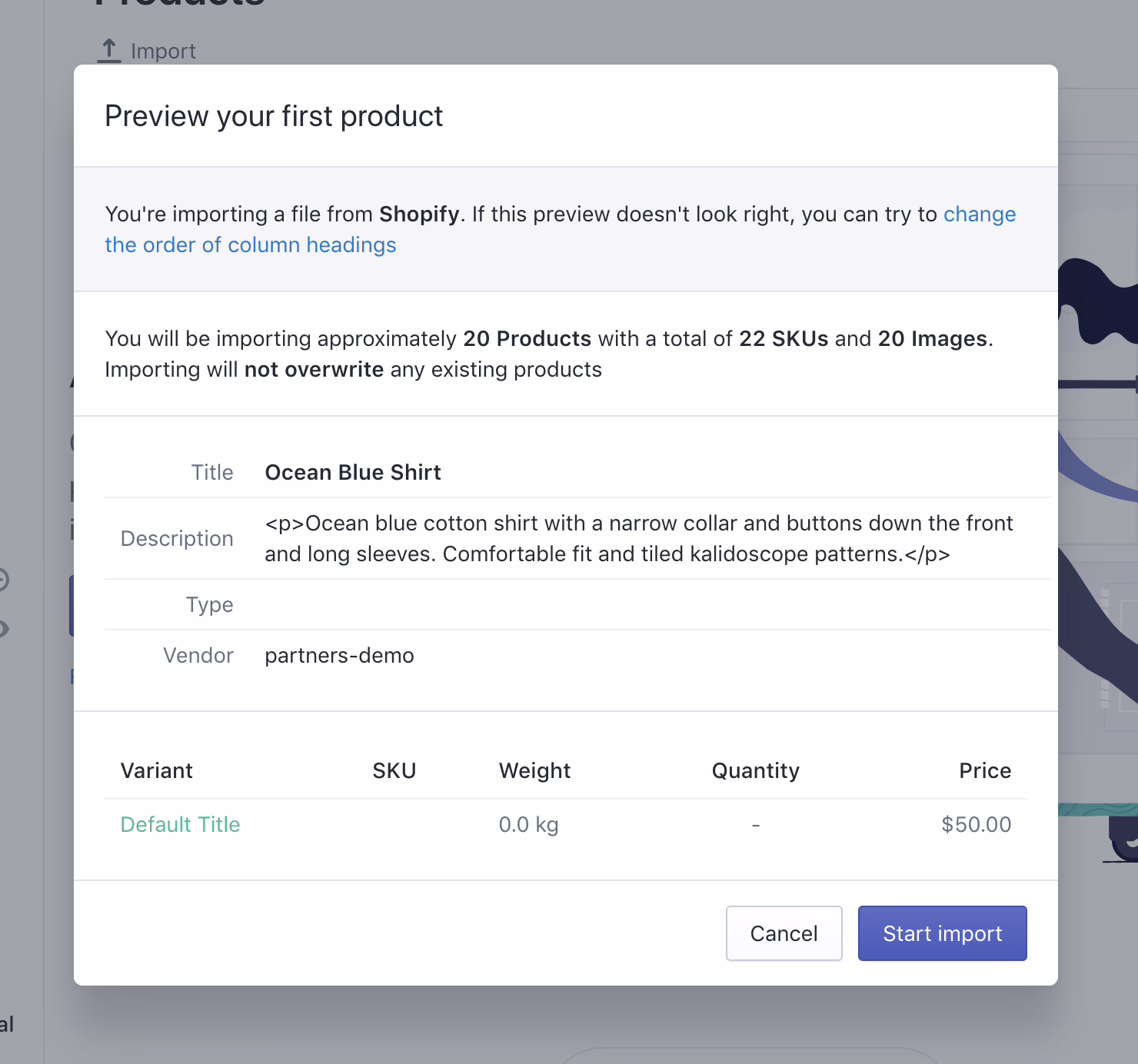 Shopify product CSV import screen used in a Squarespace to Shopify migration