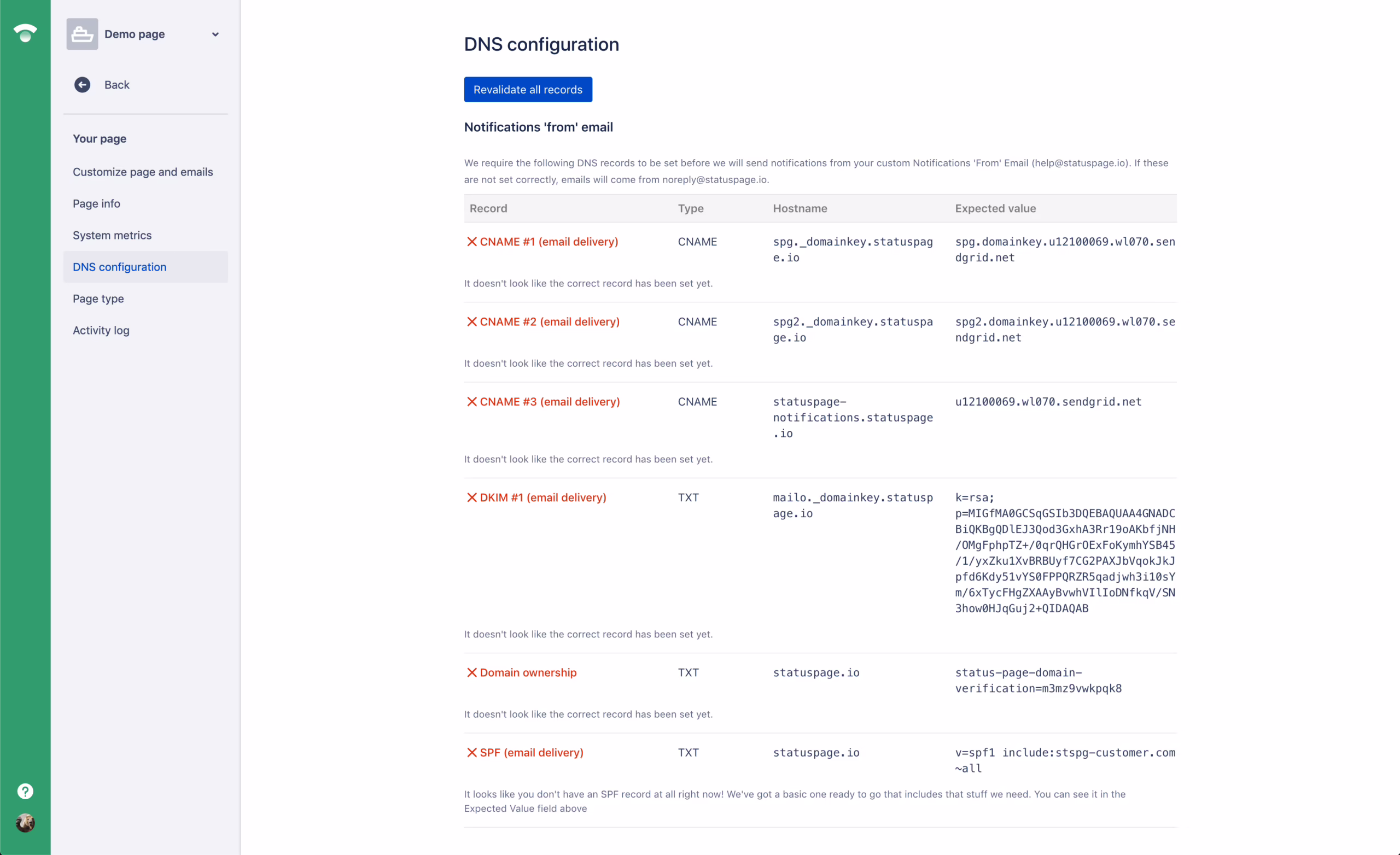 DNS and email authentication settings for a white label client portal domain