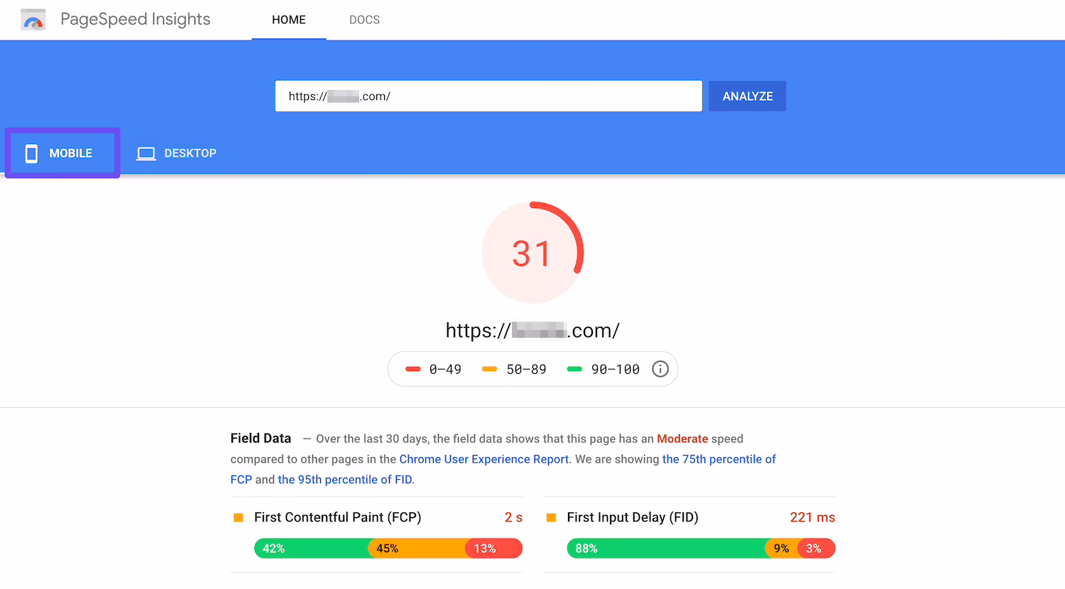 PageSpeed Insights results showing Core Web Vitals for an ecommerce store