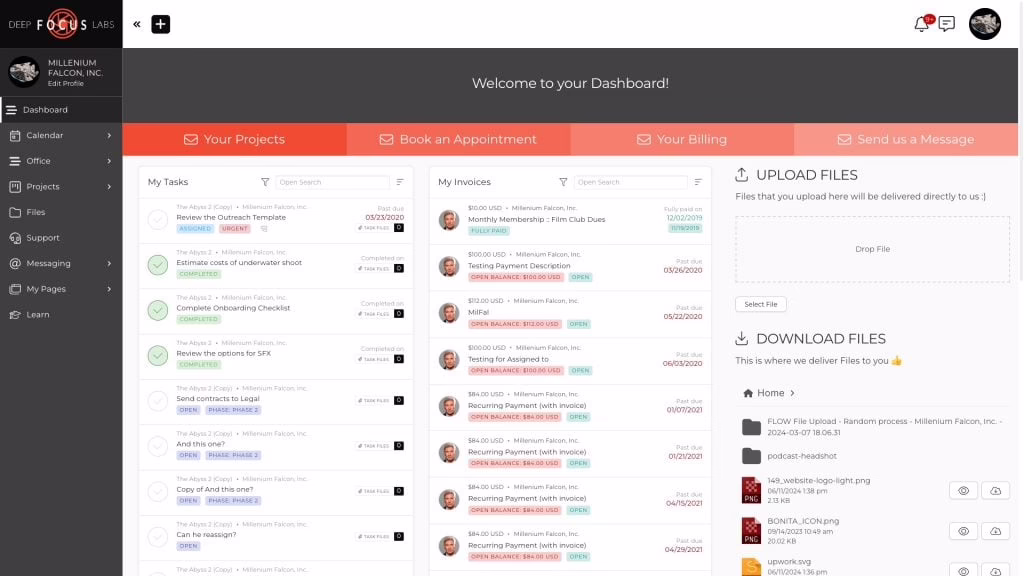 All-in-one client portal software interface with multiple modules