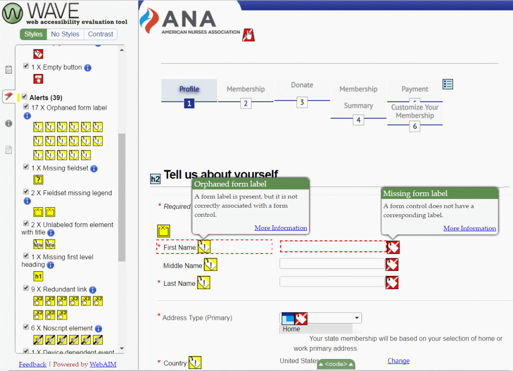WAVE accessibility testing tool evaluating a webpage during education website development