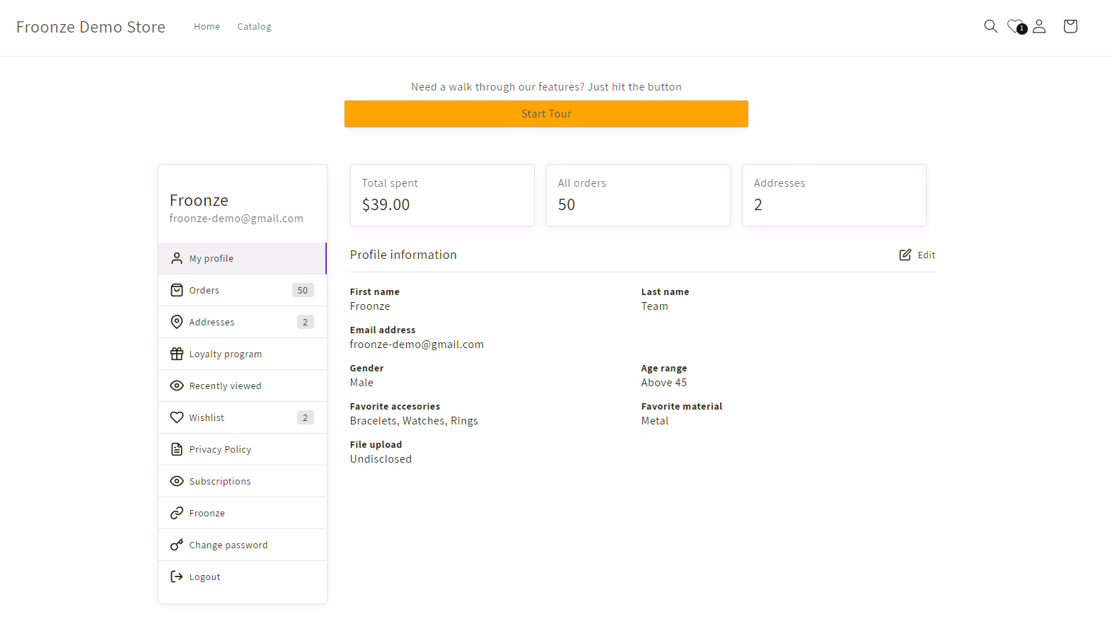 Example customer account dashboard inside a B2C portal