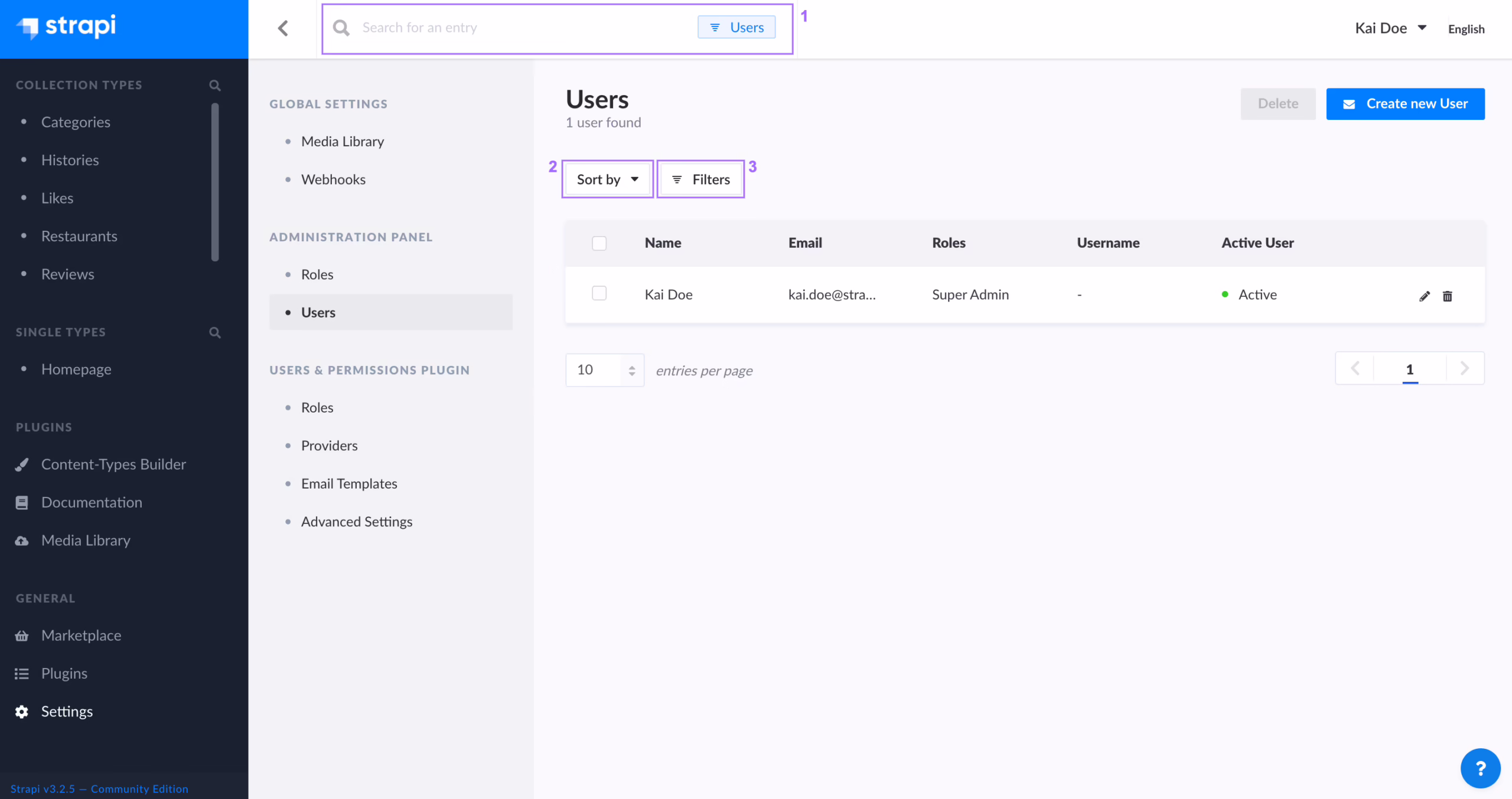 Strapi admin panel content manager interface