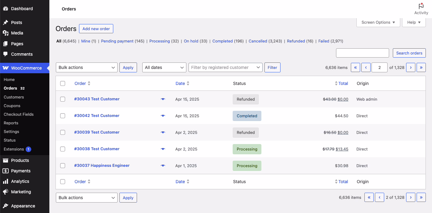 WooCommerce admin orders screen after a Shopify to WooCommerce migration