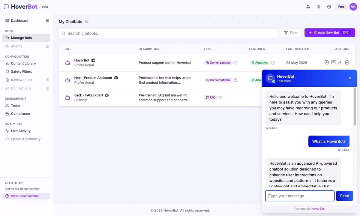 Screenshot of a conversational AI chatbot dashboard showing a live customer conversation