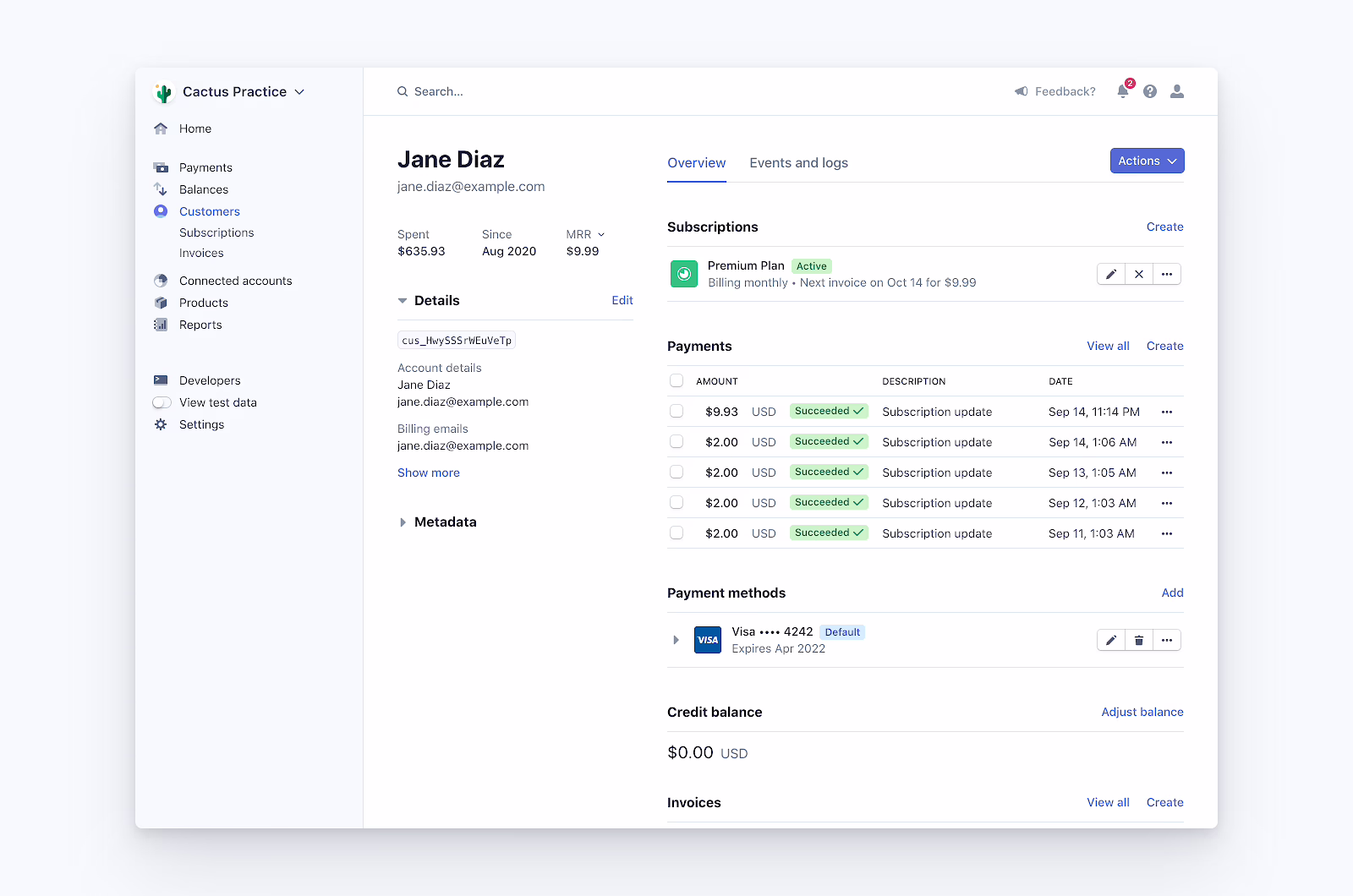 Stripe dashboard listing membership platform subscriptions with billing status labels