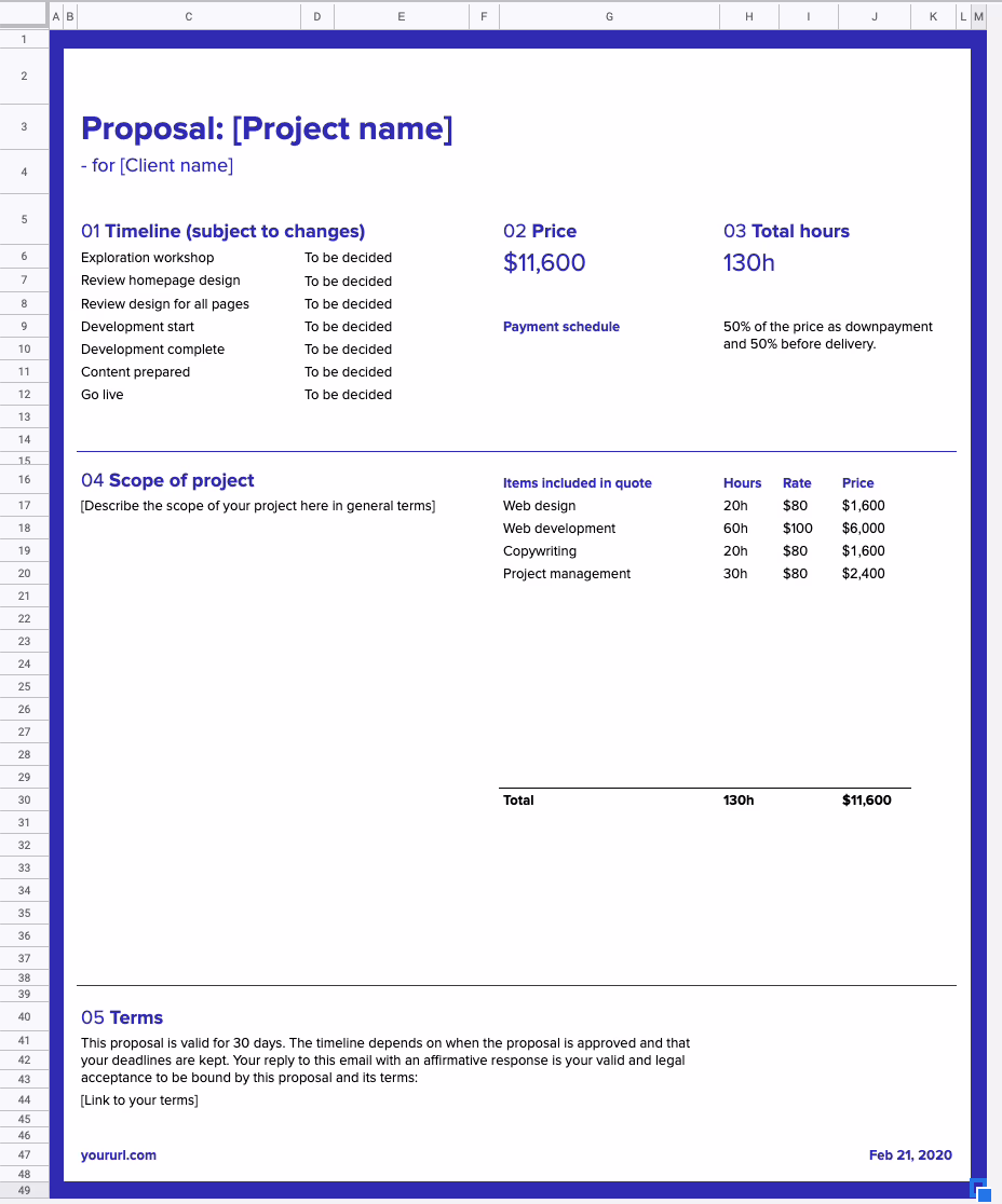 Example website project quote showing itemized line items and pricing
