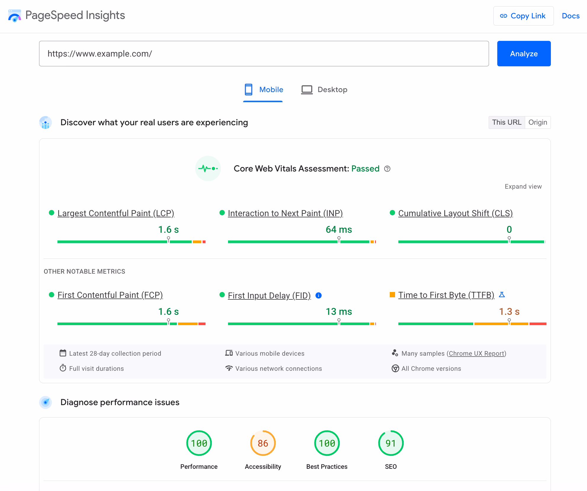 PageSpeed Insights Core Web Vitals report used to benchmark a headless WooCommerce store