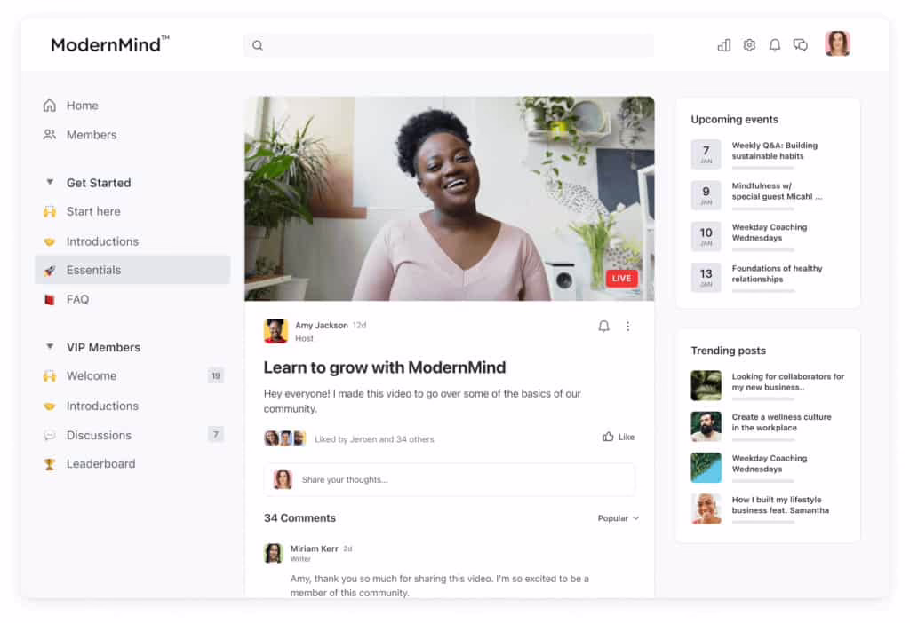 Community membership platform interface with paid spaces and a discussion feed