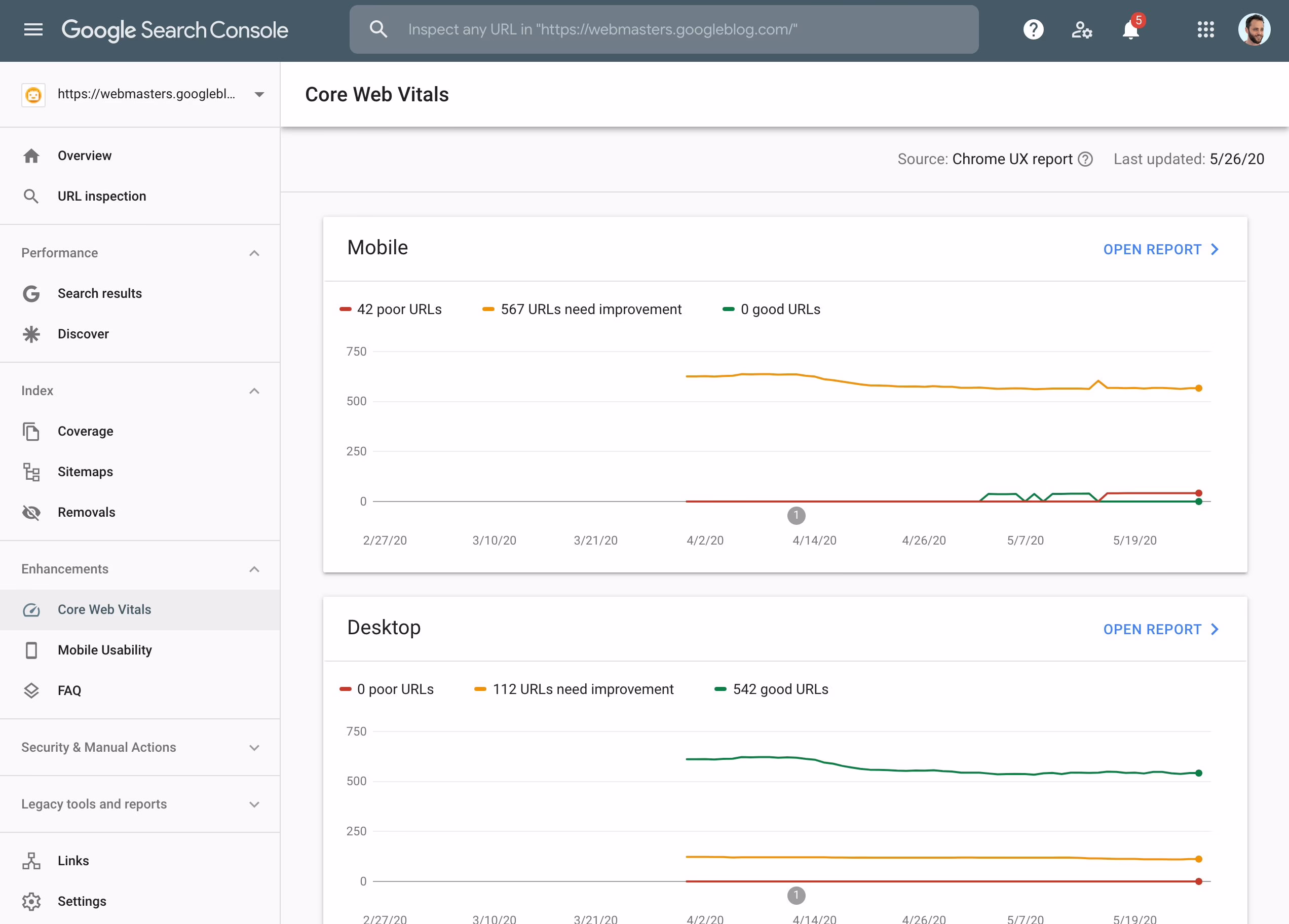 Google Search Console Core Web Vitals report showing mobile and desktop URL groups