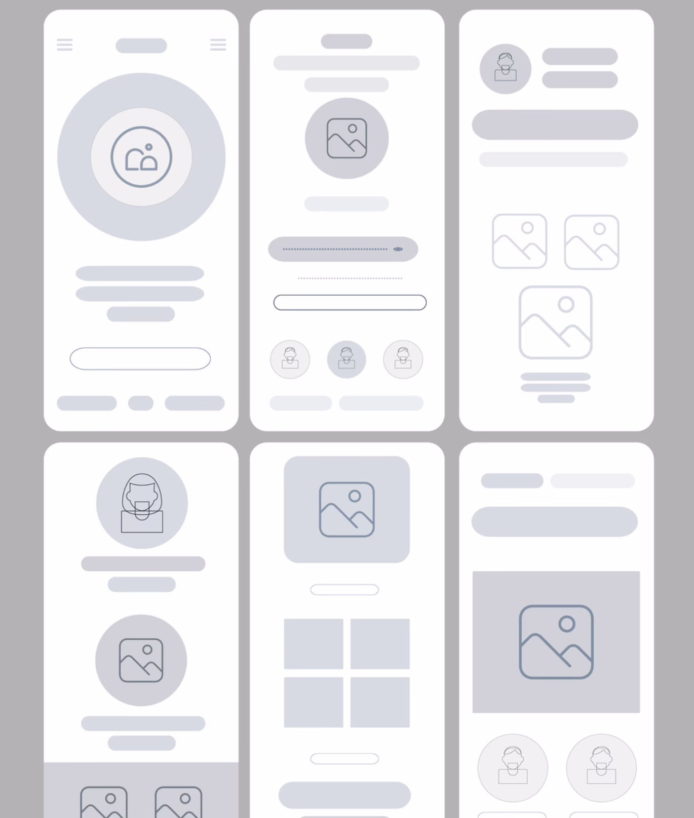Low-fidelity wireframe screens used in digital product discovery to test flow