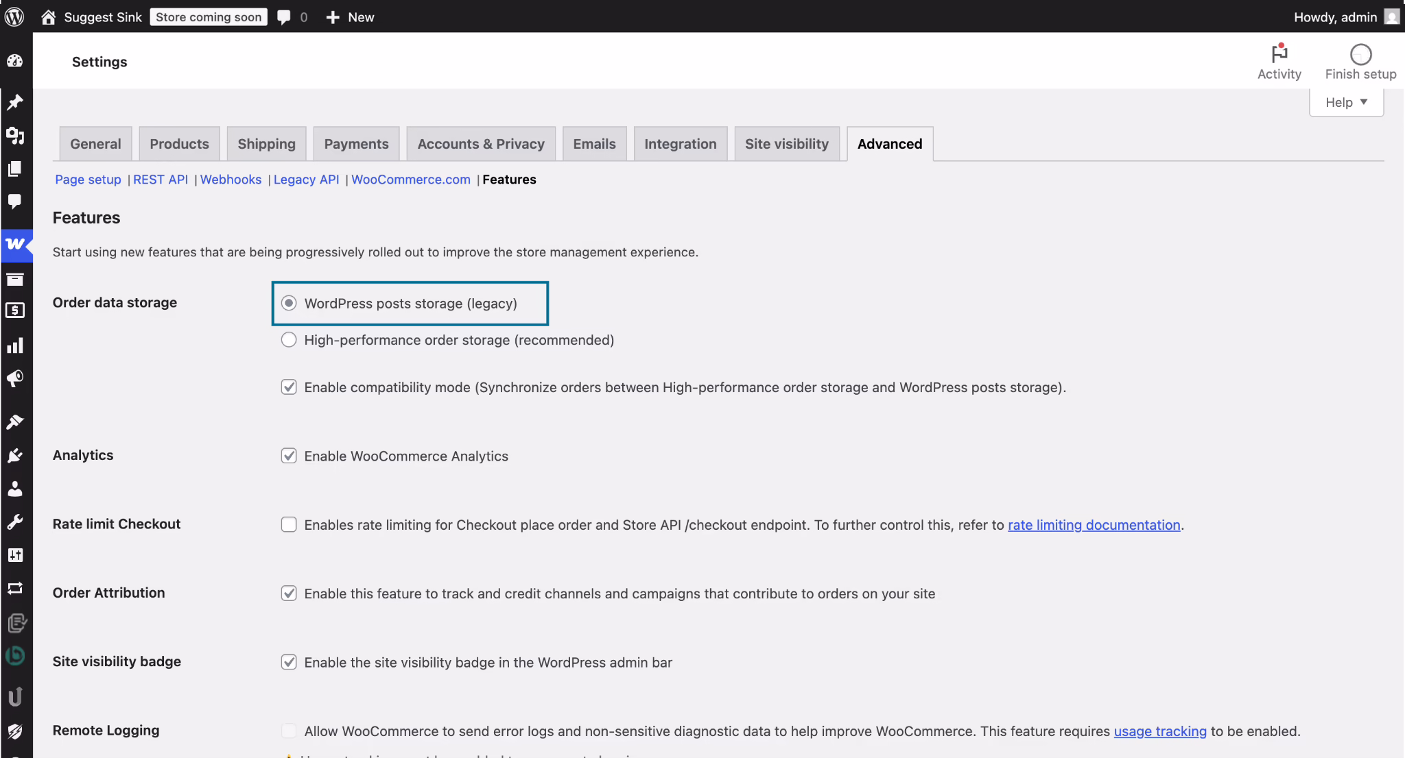 WooCommerce HPOS order storage settings with compatibility mode option