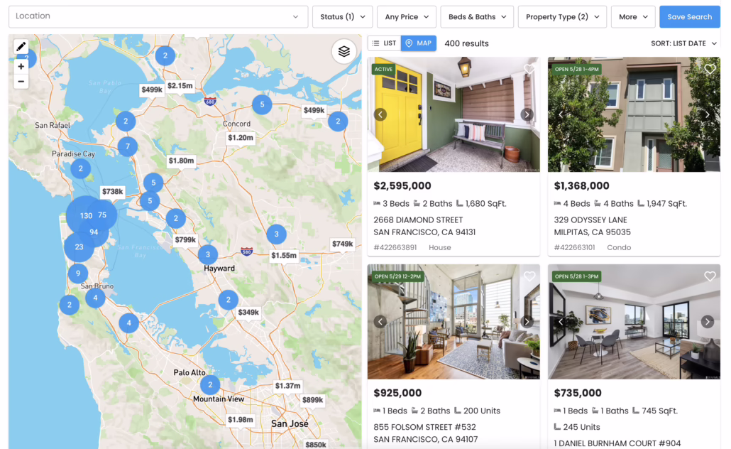 IDX website property search with map pins and MLS listing cards