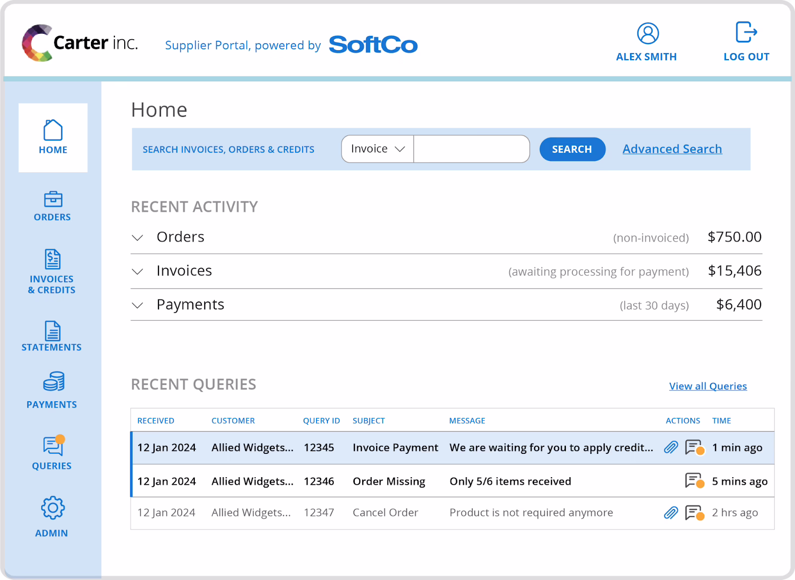 Vendor portal software dashboard showing purchase orders and invoice status