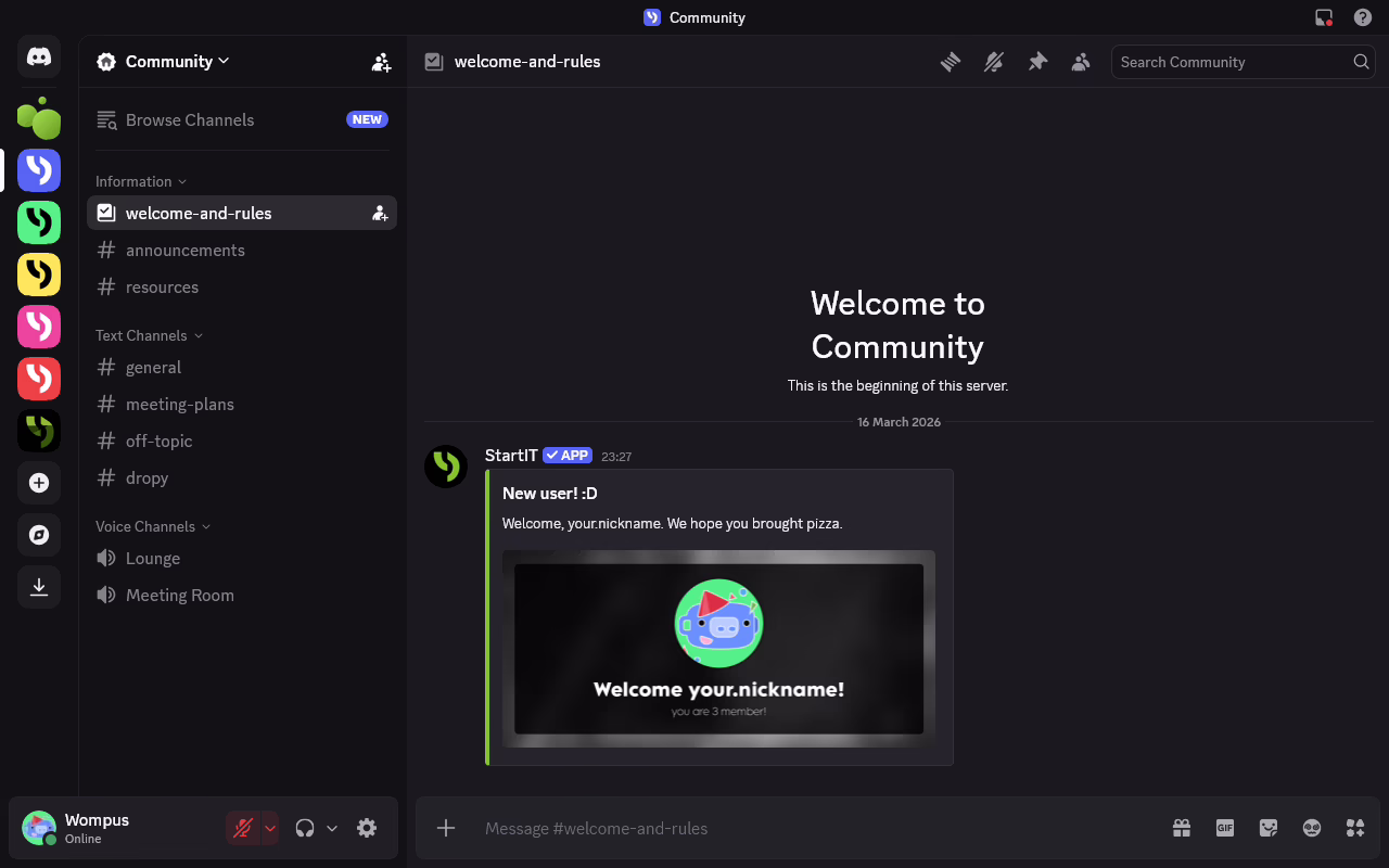 Online community server with welcome and introduction channels for new members