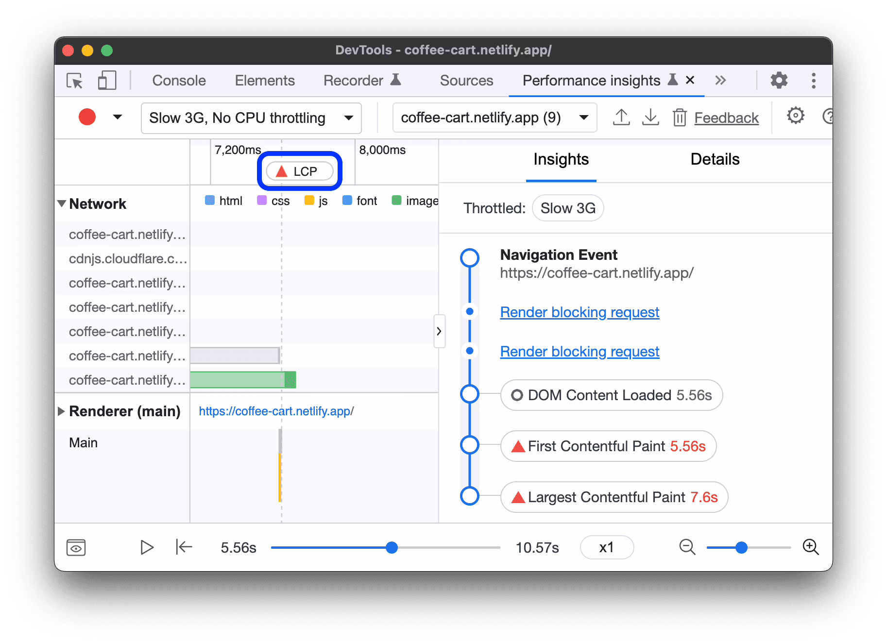 Chrome DevTools Performance panel identifying the LCP element for Core Web Vitals optimization