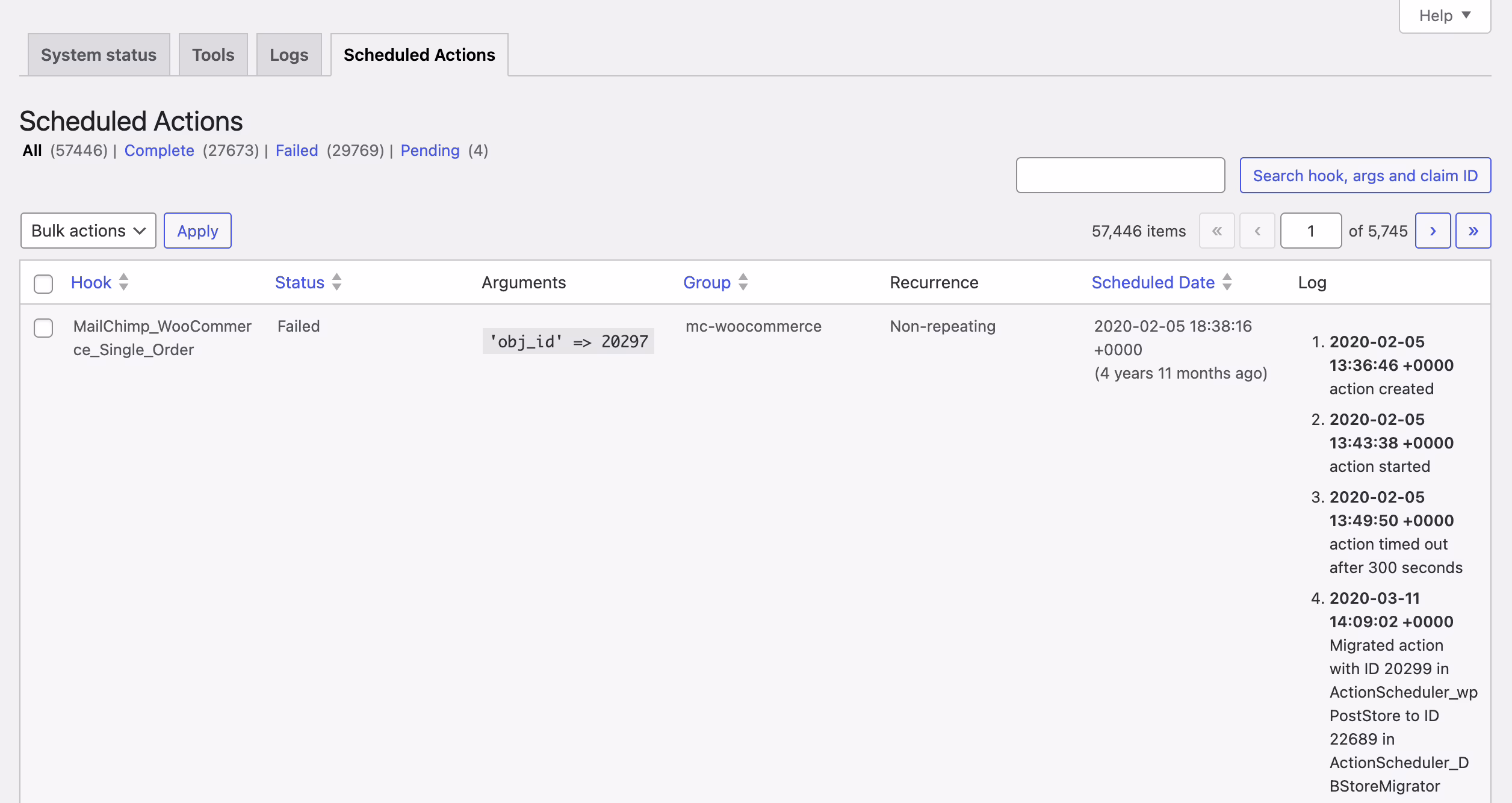 WooCommerce Action Scheduler scheduled actions queue in WordPress admin