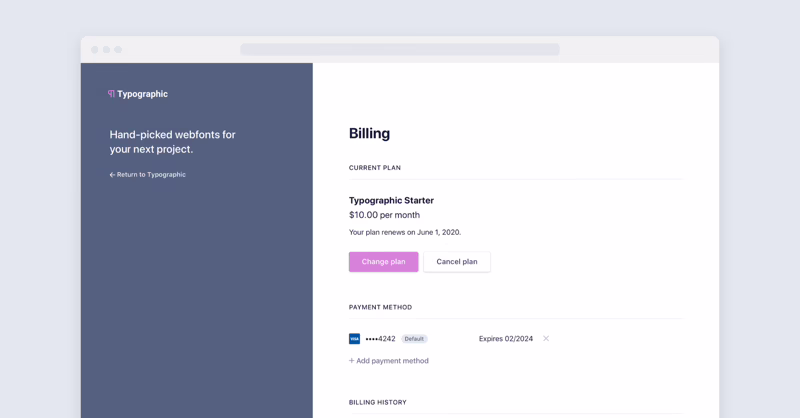 Stripe customer portal billing page as part of client portal software